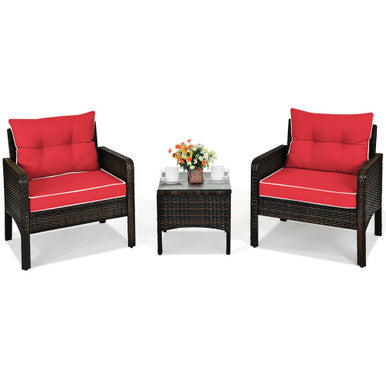  3 Piece Rattan Cushioned Chair Conversation Set - Red - Bonton