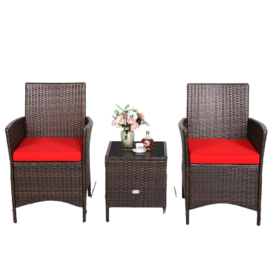  3 Piece Rattan Modern Chair Furniture Set with Cushions and Table - Red - Bonton