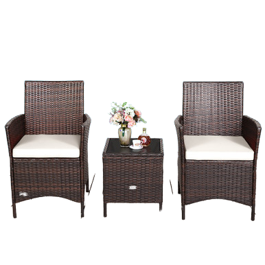  3 Piece Rattan Modern Chair Furniture Set with Cushions and Table - White - Bonton