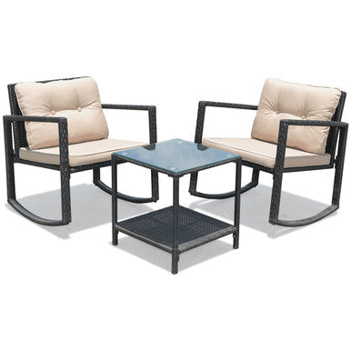  3 Piece Rattan Rocking Chair Conversation Set - Black - Bonton