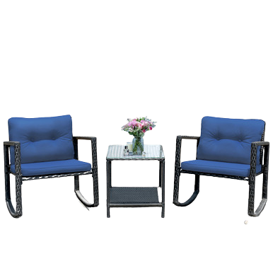  3 Piece Rattan Rocking Chair Conversation Set - Navy - Bonton