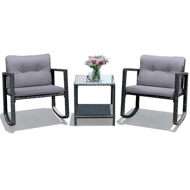  3 Piece Rattan Rocking Chair Conversation Set - Gray - Bonton