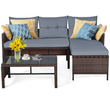  3 Piece Rattan Wicker Sofa Sectional Conversation Set - Gray - Bonton