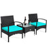  3 Piece Wicker Rattan Furniture Set with Table & Cushioned Chairs - Turquoise - Bonton