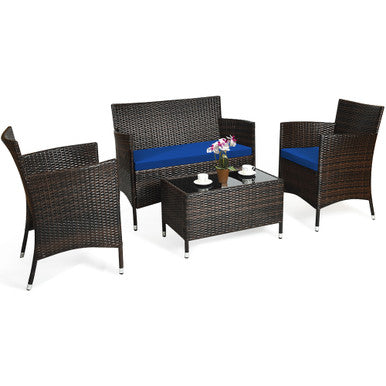  4 Piece Rattan Modern Furniture Set with Cushions and Coffee Table - Navy - Bonton