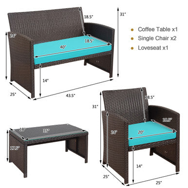  4 Piece Rattan High Backrest Cushioned Furniture Set with Coffee Table - Turquoise - Bonton