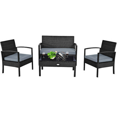  4 Piece Rattan Wicker Furniture Loveseat Sofa Set - Black - Bonton