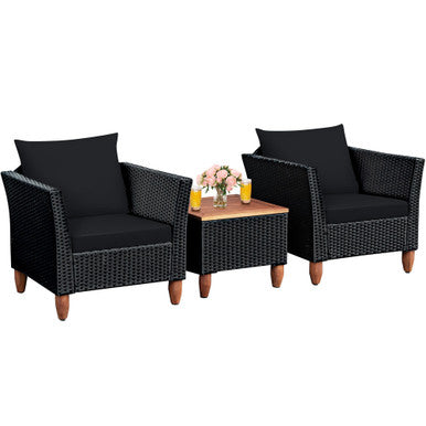  Black Rattan Chair Set with Acacia Wood 3 Piece Set - Black - Bonton