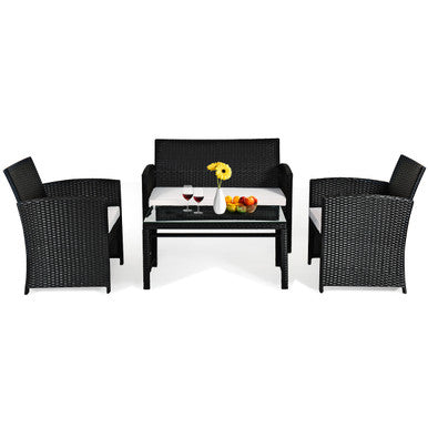  Black Rattan Furniture Set with Glass Table Top Set of 4 - Black - Bonton