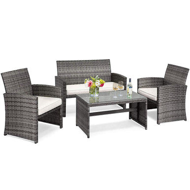  Gray Rattan Furniture Set with Glass Table Top Set of 4 - Mix Gray - Bonton