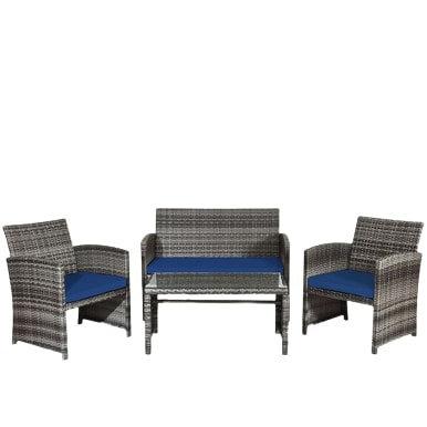  Gray Rattan Furniture Set with Glass Table Top Set of 4 - Navy - Bonton