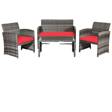  Gray Rattan Furniture Set with Glass Table Top Set of 4 - Red - Bonton