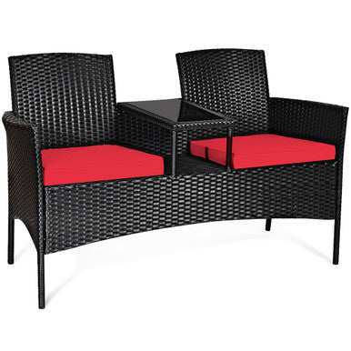  Rattan Cushioned Loveseat with Attached Glass Table - Red - Bonton