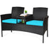  Rattan Cushioned Loveseat with Attached Glass Table - Turquoise - Bonton