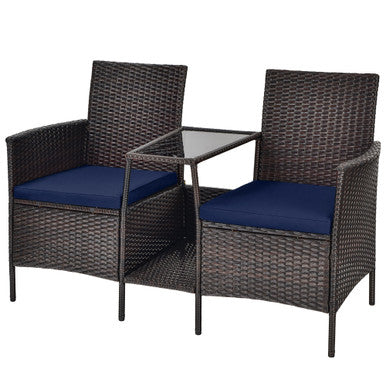  Rattan Wicker Attached Cushion Seat Conversation Set - Navy - Bonton