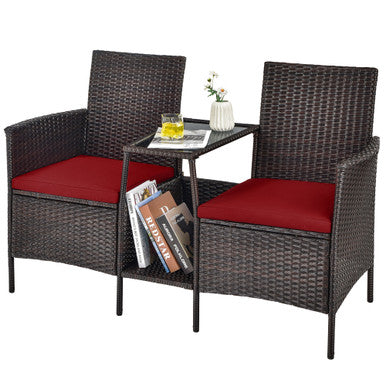  Rattan Wicker Attached Cushion Seat Conversation Set - Red - Bonton