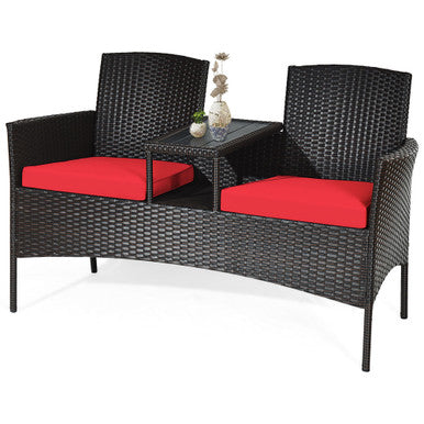  Rattan Table with Attached Chairs Conversation Set - Red - Bonton