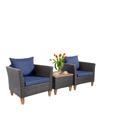  Wicker Rattan Chair and Table Set with Acacia Wood 3 Piece Set - Navy - Bonton