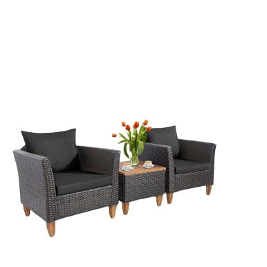  Wicker Rattan Chair and Table Set with Acacia Wood 3 Piece Set - Black - Bonton