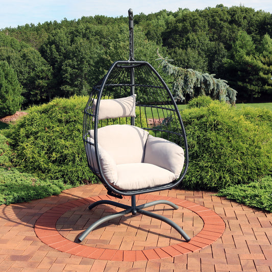 Resin Wicker Patio Oliver Lounge Hanging Basket Egg Chair Swing with Cushions, Headrest, and Steel Stand Set - 3 Piece Set