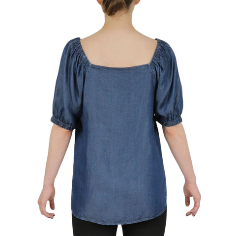 Tencel Denim Bateau Neckline  With Elastic Cuff Peasant Sleeve Blosue