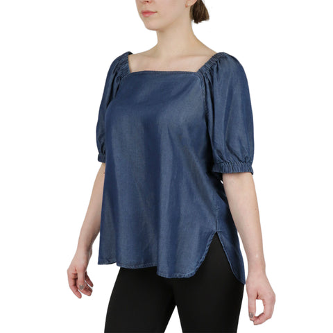 Tencel Denim Bateau Neckline  With Elastic Cuff Peasant Sleeve Blosue