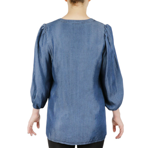 Tencel Enim Split Neck High Low Long Sleeve Blouse