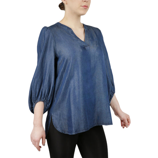 Tencel Enim Split Neck High Low Long Sleeve Blouse