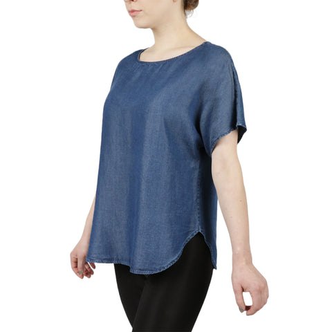 Tencel Denim Short Sleeves With Bateua Neckline Blouse
