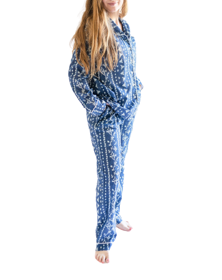 Myra Indigo Print Women's Nightwear Long Sleeve Shirt & Pajama Set