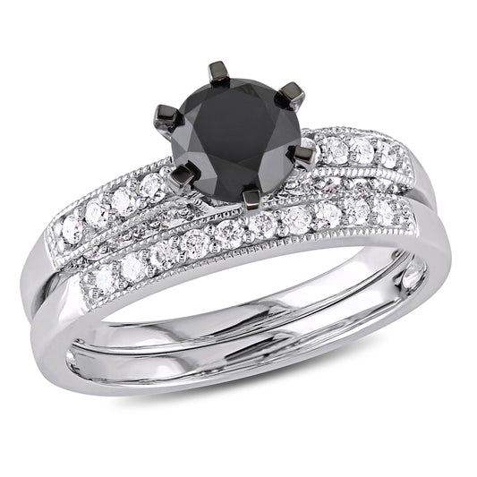 1 1/3 CT TW Black & White Diamond 10k White Gold Bridal Ring Set