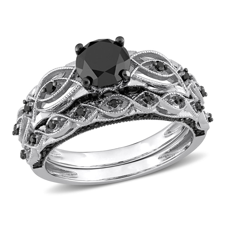 1 3/8 CT TW Black Diamond 10k White Gold Bridal Ring Set