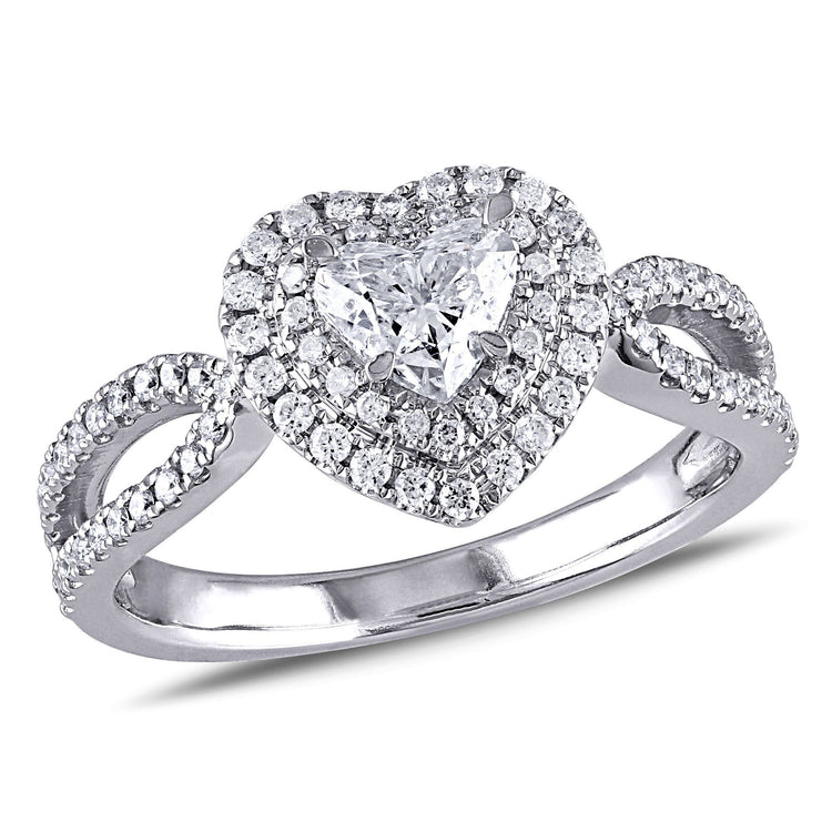 1 CT TW Heart and Round Diamonds Double Frame 14k White Gold Ring