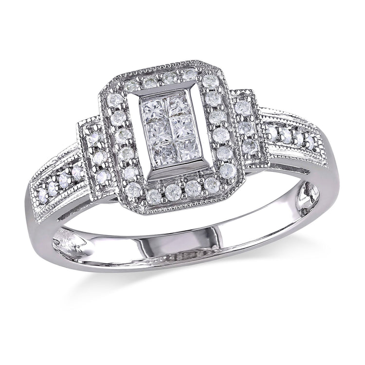 1/3 CT TW Princess and Round Diamond in 14K White Gold Layered Engagement Ring