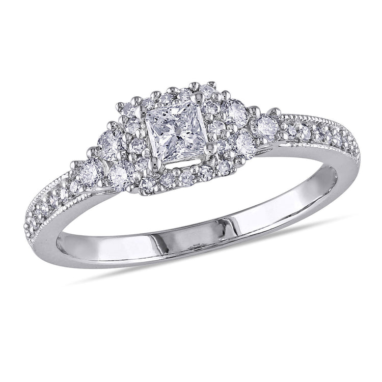 1/2 CT Round and Princess Diamonds 14k White Gold Halo Miligran Style Engagement Ring