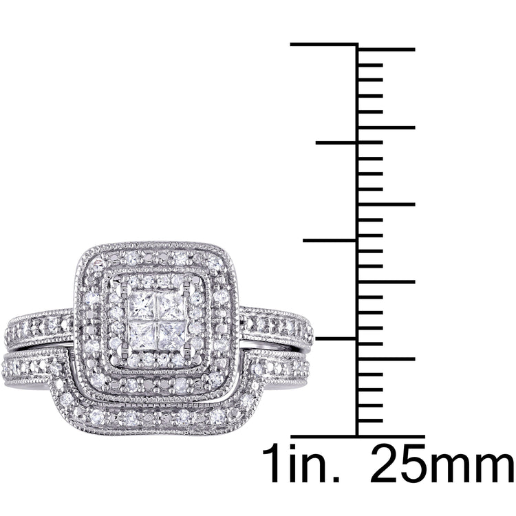 1/3 CT TW Princess and Round Diamonds Sterling Silver Bridal Ring Set