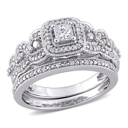 1/2 CT TW Princess and Round Diamonds 14k White Gold Bridal Ring Set