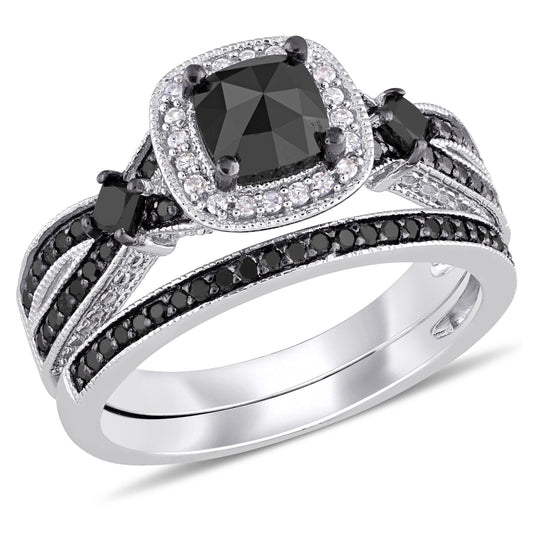 1 1/2 CT TW Black and White Multi-shape Diamonds Sterling Silver Bridal Ring Set