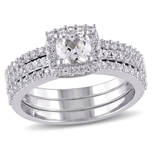 1 1/2 CT TGW Created White Sapphire Sterling Silver Halo Bridal Ring Set