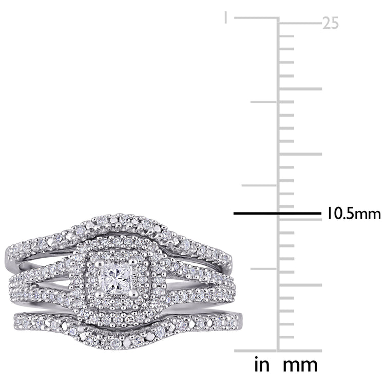 1/2 CT TW Princess and Round Diamonds Double Halo Sterling Silver Bridal Ring Set