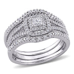 1/2 CT TW Princess and Round Diamonds Double Halo Sterling Silver Bridal Ring Set