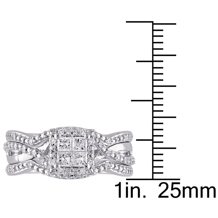 1/2 CT TW Princess and Round Diamond Halo Sterling Silver 3 Piece Ring Set