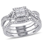 1/2 CT TW Princess and Round Diamond Halo Sterling Silver 3 Piece Ring Set