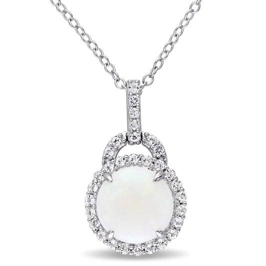 2 1/6 CT TGW Opal and White Topaz Sterling Silver Halo Charm Pendant Necklace