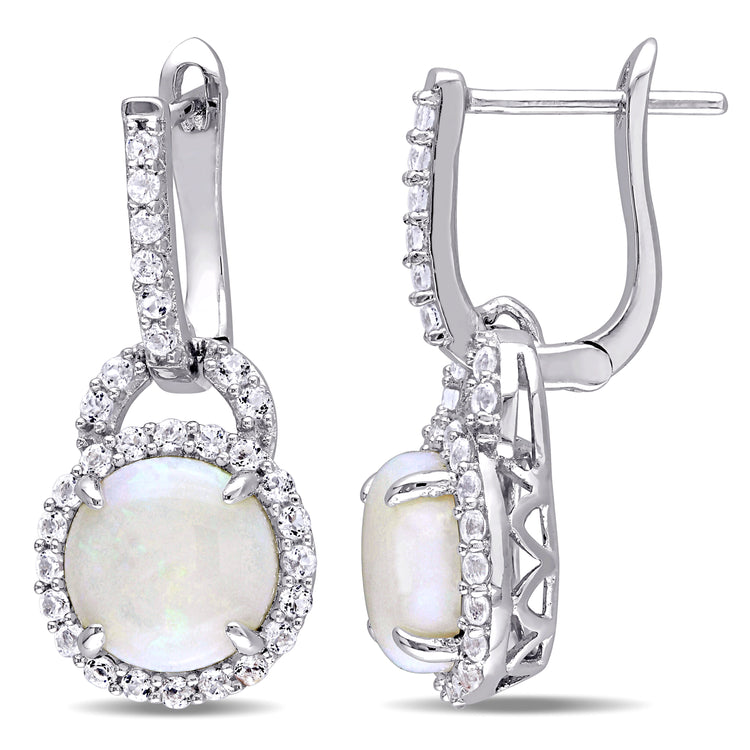 3 1/10 CT TGW Opal and White Topaz Sterling Silver Hinged Hoop Charm Earrings