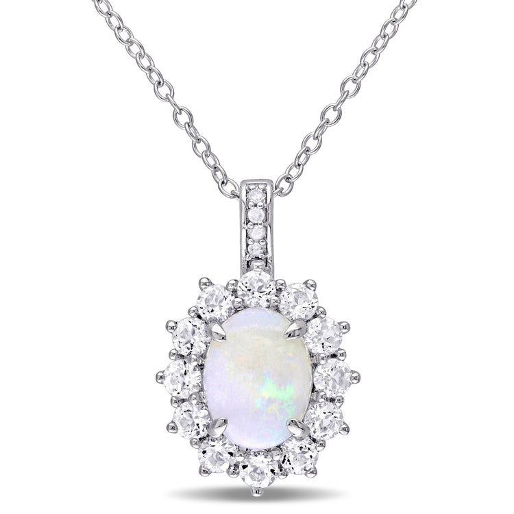 2 CT TGW Opal and White Topaz and Diamond Accent Sterling Silver Halo Pendant Necklace