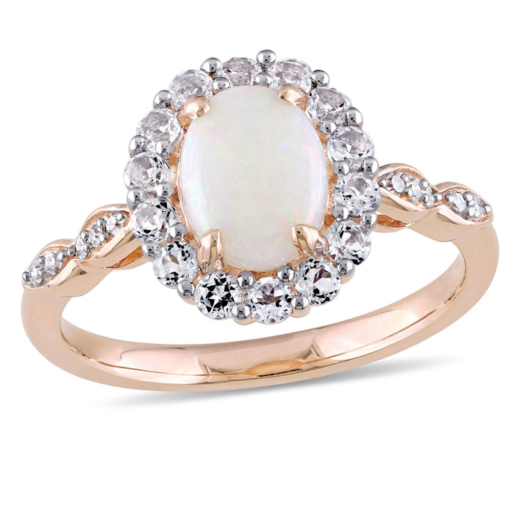 1 1/2 CT TGW Opal and White Topaz with Diamond Accent 14K Rose Gold Vintage Ring