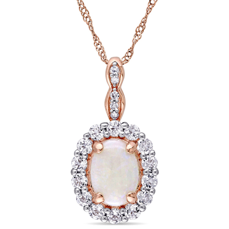 1 1/2 CT TGW Opal, White Topaz and Diamond Accent 14K Rose Gold Vintage Pendant Necklace