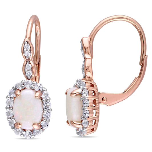 1 3/4 CT TGW Opal and White Topaz and Diamond Accent 14K Rose Gold Vintage Lever-Back Earrings