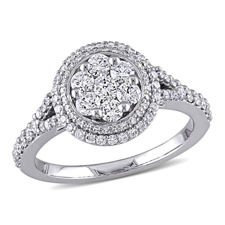 1 CT TW Round Diamond Cluster 14K White Gold Vintage Halo Engagement Ring
